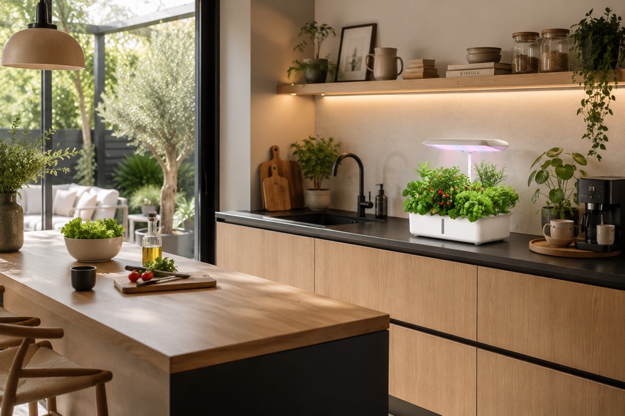 Growly posé sur un plan de travail dans une cuisine moderne