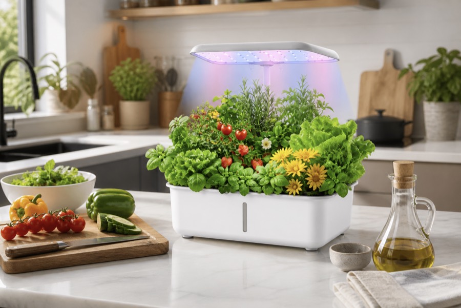 Growly avec herbes, salades et légumes prêts à récolter